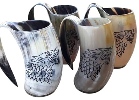 AnNafi® Genuine Viking Drinking Horn | Natural Handcrafted Horn Mugs for Beer Wine Mead Drinks | Game Of Thrones Collection |Tankard (Direwolf, Set of 4) | Decorative Handmade Mugs|