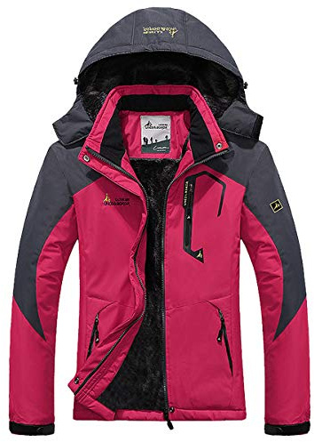 donhobo Womens Waterproof Jacket Winter Warm Fleece with Hood Windproof Camping Hiking Coat(Rosy,L)