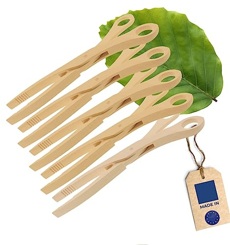 5x HOFMEISTER® Holzzange für Gurken, Antipasti und Salat – Holz-Schere mit Rillen für sicheres Greifen, hitzebeständig, Handarbeit – Buche, 28 cm