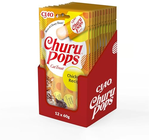 INABA Churu Pops, Katzenleckerlis mit Huhnerfleisch, 12 x 60g | Getreidefrei, Zuckerfrei, Keine Nebenerzeugnisse, 88% Feuchtigkeit, nur 7 kcal pro Tube, Premium Katzen Leckerlis