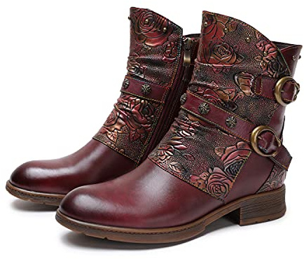 CrazycatZ Women Leather Ankle Boots, Vintage Floral Colorful Leather Boots (Red, 8 UK, numeric_8)
