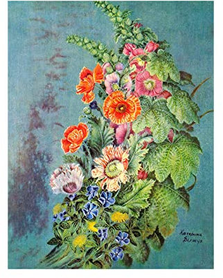 Berühmte Kateryna Bilokur Drucke, Kunstdruck auf Leinwand, modernes Kunstwerk, abstrakte Poster, Leinwand, Wandkunst, Bilder für Wohnzimmerdekoration (Bouquet Blumen), 70 x 100 cm, rahmenlos