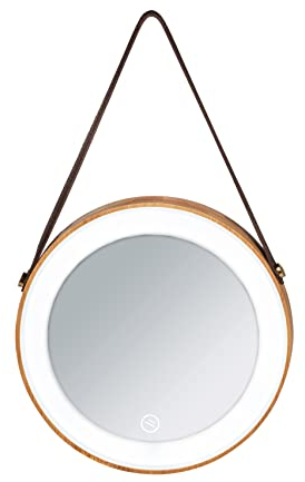 WENKO Miroir rond Usini, miroir mural, miroir LED, style industriel, Ø 20,5 x 2,6 cm, sangle en similicuir et miroir en bois bambou