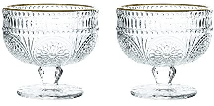 CHOOLD Vintage Sunflower Embossed Glass Footed Dessert Ice Cream Trifle Salad Candy Cake Bowl for Home Party Wedding - 9 oz, Transparent with Golden Trim, Set of 2