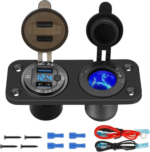Linkstyle 12V Charger Socket Panel, Dual 18W QC3.0 USB-A Ports with Switch & 150W Cigarette Lighter Socket for RV Boat