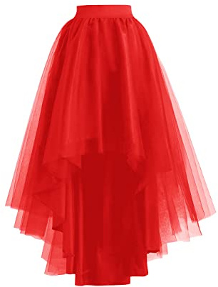 High Low Tulle Skirt Lace up Wedding Party Prom Cocktail Mesh Long Tulle Skirt for Women Red One Size