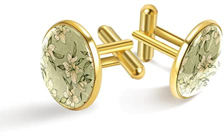 Boutons de manchette dorés personnalisés pour chemise de smoking, fleurs de lys vertes dessinées à la main, 20mm*20mm, Acier inoxydable, Quartz synthétique