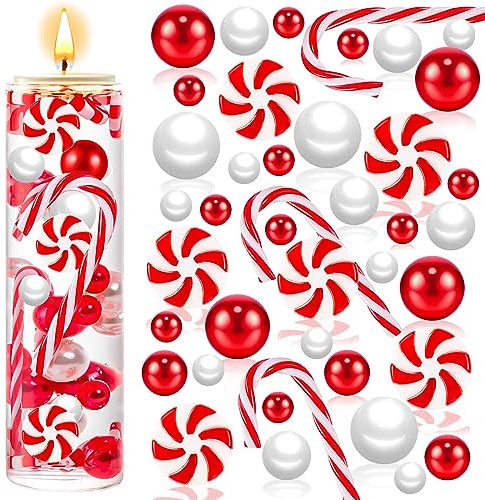 120 Stück Weihnachtsvasenfüller, weiße und rote Zuckerstangen-Perlen, Weihnachtsfüller, schwimmende Kunstperlen für Zuhause, Tischdekoration | Weihnachtsglas Füllung Dekoration, künstliche Perlen, Simulation Süßigkeiten Krügel, Weihnachtsdekoration Handwerk