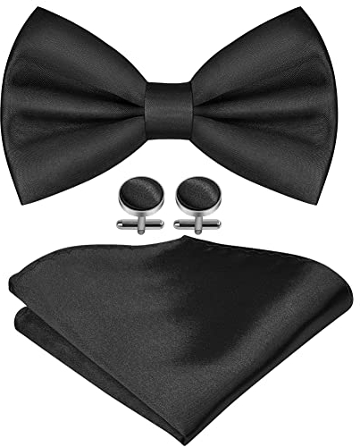 URAQT Herren 3-teilige Klassische Einfarbig Fliegen mit Einstecktuch Manschettenknöpfe für Männer, Smoking Fliege Schleife mit Haken, Schmale Bow Tie für Hochzeit Party (Schwarz)