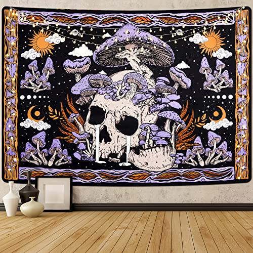 Uspring Mushroom Skull Wall Tapestry - Skeleton Leaves Hippie Large Purple for Bedroom, Wall Hanging (59.1 x 82.7 inches)