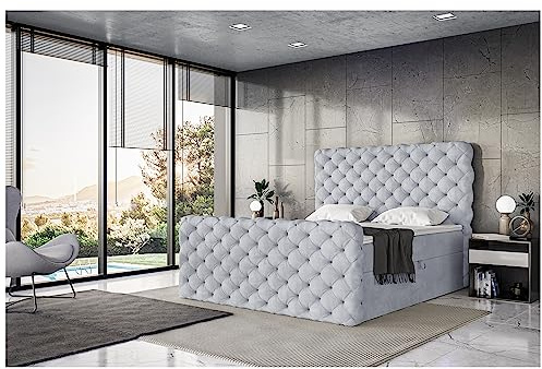 MEBLINI King Boxspringbett mit Bettkasten - Gepolstert Doppelbett mit Matratze und Topper - Polsterbett mit Stauraum - Bett mit Kopfteil - Stauraumbett - Duke - 180x200 - H3/Hellgrau Samt