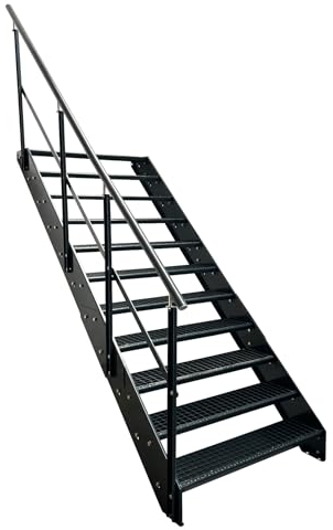Kaminbau Mierzwa Premium Stahl Treppe mit Geländer Links komplett Anthrazit RAL 7016/11 Stufen (Breite 1400 mm) (Höhe 209 cm) Wetterfest Gitterroststufe Gartentreppe