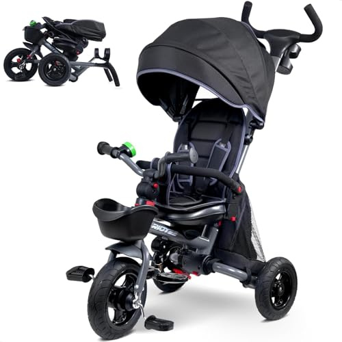 RIDYEE 7-in-1 Folding Toddler Tricycle for 18 Months to 5 Years, Tricycle Stroller with Dual Brakes, All-Terrian Rubber Tire, Tricycle for Toddlers with Rotatable Seat, Adjustable Push Handle, Grey