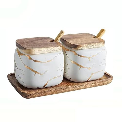 MIATTCLD 2 Teiliges Gewürzgläser set, Keramik Zuckerdose mit Bambus Deckell und Löffel, 360ml Gewürzbehälter. Marmormuster Vorratsdose Gewürzdosen für Haus und Küche
