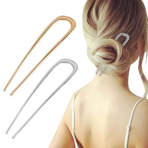 WATEFOER 2 Stück U-Förmige Haarnadeln Metallspange Französische Haarnadel Vintage 2 Zinken Updo Frisur Chignon Pins Hair Styling Zubehör für Mädchen Damen (Gold&Silber)