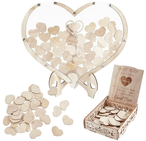GORGECRAFT Libro degli Ospiti per Matrimonio Cuore Alternativo in Legno Rustico per Ricevimento di Nozze con 93 Pezzo di Cuori in Legno Scatola per Ospiti Cornice Decorativa Set per Festa Matrimonio