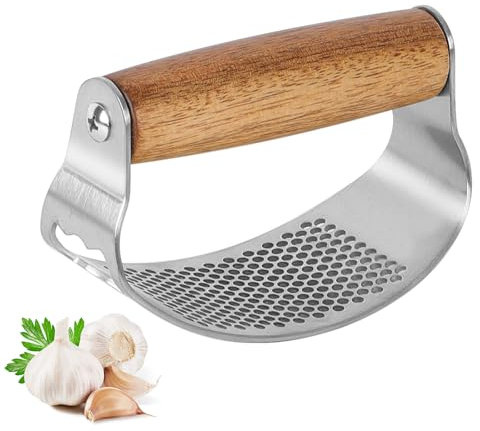 JASTOO Prensa de ajos, cortador de ajo de madera maciza, acero inoxidable, apto para lavavajillas, diseño innovador, fácil manejo y limpieza
