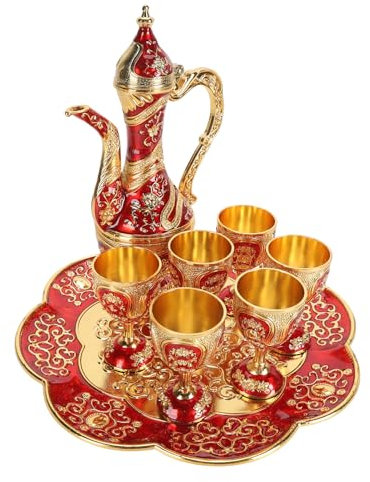 Juego de té turco vintage con bandeja de aleación de zinc, juego de tazas de té turco para té, vino, whisky, bar, perfecto para té, boda, fiesta, manualidades, decoración, elegante diseño dorado y