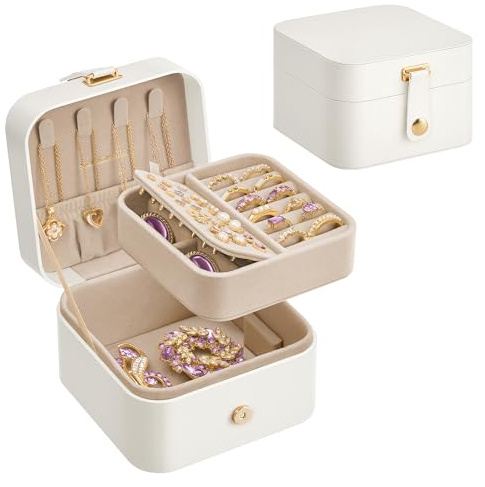 SONGMICS Schmuckkästchen Reise, Schmuckkasten klein, 2 Ebenen Schmuckaufbewahrung, tragbar, Schmuck-Reiseetui, für größere Accessoires, 11,2 x 11,8 x 7,2 cm, Geschenkidee, wolkenweiß JBC185W03