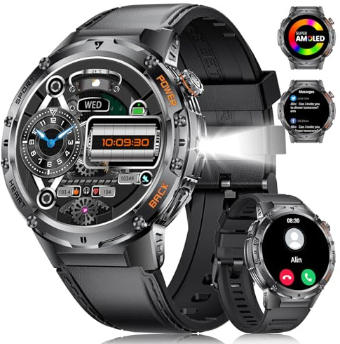 LIGE 1.43 AMOLED Smartwatch Uomo con Torcia LED/Durata Batteria di 20 Giorni/530 mAh, IP68 Impermeabile132 Modalità Sportive Fitness Tracker Orologio Smart Watch per Android iOS
