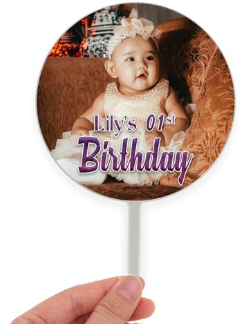 Craft Cart Photo Name Personalised Customised Round Acrylic Cake Topper for Birthday Anniversary Party Decoration Design 2