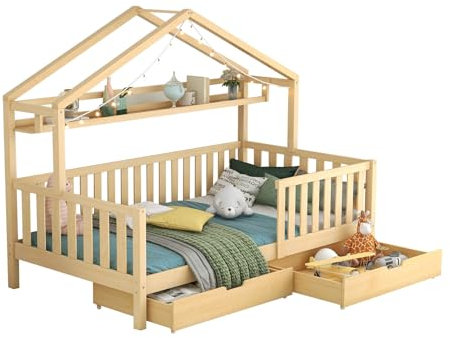 Billg Kinderbett Hausbett 90 x 200cm, Montessori Kinderbett mit Lattenrost und 2 Schubladen, Kinder Einzelbett Bettgestell aus Kiefernholz, Rausfallschutz Bodenbett, Jugendbett, Ohne Matratze