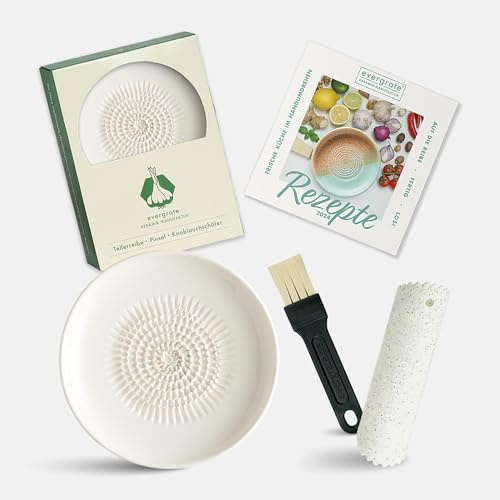 Evergrate® Keramikreibe Cremeweiß mit Geschenkbox – mit Reibe, Knoblauchschäler, Rezeptheft & Pinsel – Handgefertigt für Ingwer, Knoblauch & mehr – Spülmaschinenfest & langlebig