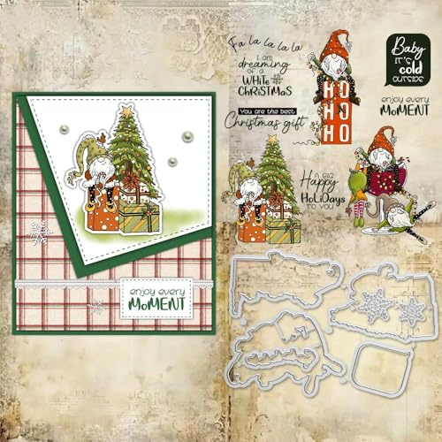 Sredwtk Wichtel Gnome Weihnachten Stempel und Stanzen Set,Silikonstempel und Stanzen Set,Stanzschablonen und Stempelset,Clear Stamp und Stanzschablone Für DIY Scrapbooking Fotoalbum Dekor Karten