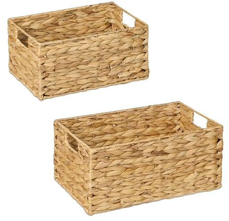 Relaxdays Cestino Portaoggetti in Giacinto d'Acqua Intrecciato, Set 2 Cesti da Bagno e Armadio, Aspetto Vimini, Naturale, Fibra vegetale