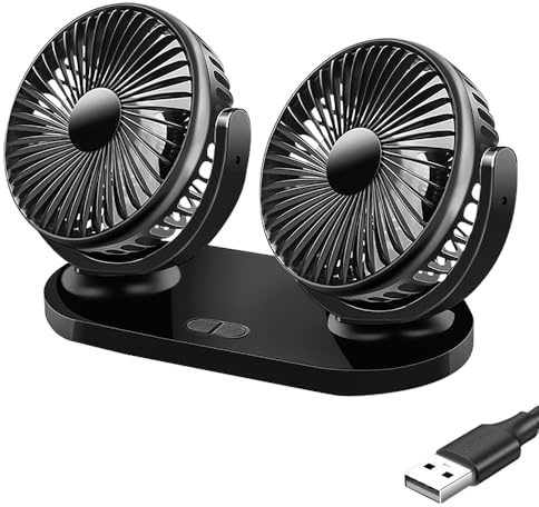 KUWUNG Ventilateur Voiture USB, 360° Rotative Double Tête Ventilateur de Voiture, Ventilateur Camping Car avec 3 Vitesses, Double Tête Ventilateur USB pour Voiture,Maison,Bureau,Camping