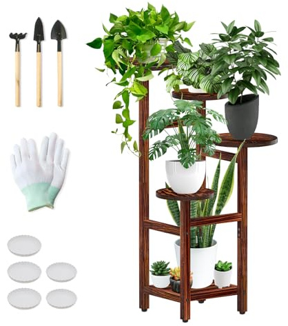 Alto supporto per piante a 5 livelli, scaffale per piante in legno per interni ed esterni, supporto per fiori con vassoio di gocciolamento e strumenti da giardino per terrazzo, balcone, ufficio