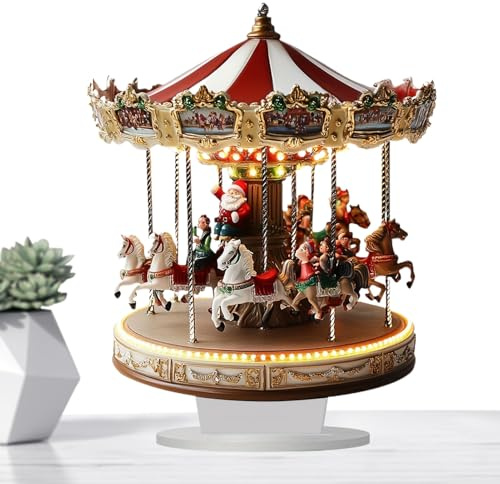 Holiday Carousel Decor - 12 Inch Christmas Round, Winter Village House Display | Musical Lighted Centerpiece, Snow-Covered Festive Tabletop, Battery-Powered Indoor Decor, Living Room Christmas Village