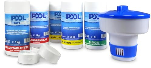 myPOOL Wasserpflege Set - 6-teiliges Starter Set auf Chlorbasis - pH Plus pH Minus Chlorgranulat Langzeittabletten Algenschutz und Dosierschwimmer - Optimal geeignet für Pools ab 15.000 l Volumen