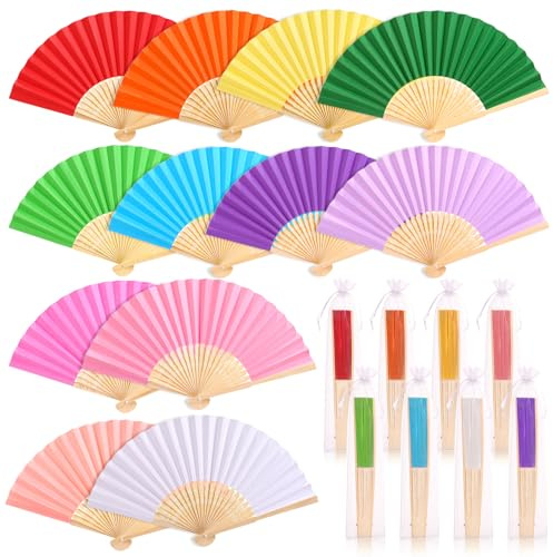 GWHOLE 12 PCS Rainbow Hand Fan Folding with Organza Bags,21cm,Paper