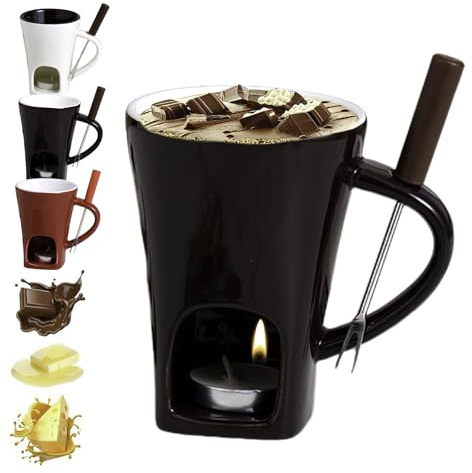 Schokofondue Tasse, Keramik Schokoladenfondue Tasse, Schokoladentasse Zum Schmelzen, Schokoladenfondue Set Mit Teelicht Und Gabel, Käsewärmer Tasses, Beheizbarer Topfs Für Butter, Süßigkeiten(C)