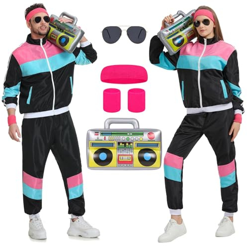 Ladhow 80er 90er Jahre Outfit Herren Damen, 80er Jahre Trainingsanzug Retro Windbreaker Set, 80er 90er Jahre Jogginganzug Outfit Jacke und Hose Anzug für Karneval