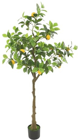 RjcdOPL Planta Artificial Limonero 150 cm, Limonero Artificial Realista de Plástico, Maceta Relleno de Cemento, Espuma Verde Realista, Mantenimiento Fácil, Decoración para Salón, Balcón Oficina