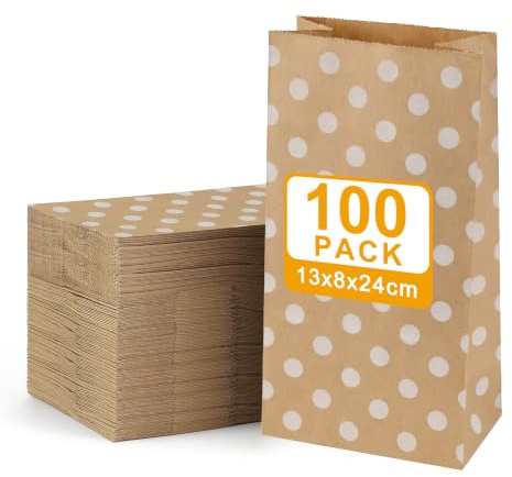 Eupako 100 Pcs Brown Paper Bags without Handle 13x8x24cm Lunch Bags | White Dot Patterned, 4lb Capacity, Sturdy Kraft Paper Small Bags for Lunch, Cake, Snacks, Sandwiches, Bread & Gifts