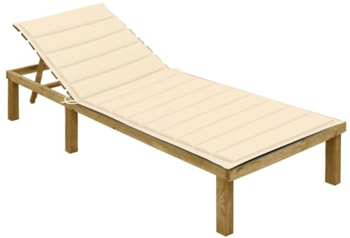 Frdhee Gartenstuhl Hochlehner Kippliege,Sonnenliege mit Creme Auflage Imprägniertes Kiefernholz,Schlafsessel für Urlaub,Garten,Camping,Park