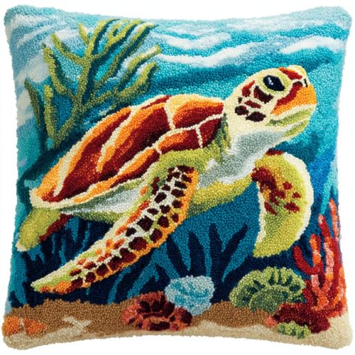 Henypt Kissenbezug Knüpfset, Tiere, Meeresschildkröten Knüpfkissen Set,DIY Knüpfteppich Knüpfpackung,Kreuzstich Knüpfkissen Zum Selber knüpfen Kissen Set,17x17in