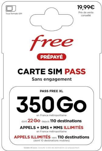 Carte SIM Free Pass XL : Forfait 350 Go 5G Ultra-Data + Appels/SMS Illimités & 22 Go depuis 110 destinations (incl. USA & Chine) – Offre Mobile Sans Engagement