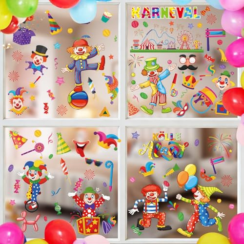AhfuLife 100 Stück Karneval Deko Fensterbilder, 9 Blatt Glückliche Clown Fensterbilder Fasching Kölner Fenster für Deko Zirkus Kölle Alaaf, Kinderzimmer Abziehbilder Aufkleber Party (Karneval Stil 1)