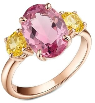 Ayoiow 3 Steine Verlobungsring und Ehering 558 für Damen mit Im Labor Hergestellter Rosa Saphir und Im Labor Hergestellter Gelber Saphir, Vorsteckring Rosegold 585, 14 Karat Roségold 48 (15.3)