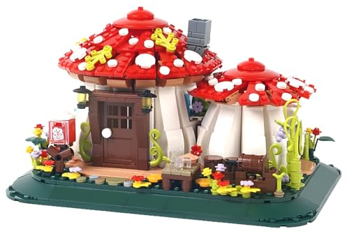 Pilzhaus Baustein(1100 Teile), Miniatur Mikro Klemmbausteine mit rotem Dach, Waldarchitektur Modell Spielzeug mit Pflanzen, Geschenkidee für die Dekoration des Schreibtischs zu Hause für Erwachsene