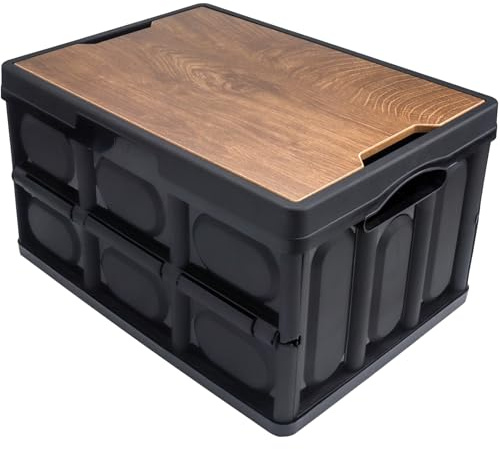 LHNNDM Folding Storage Bin with Lid 55L Storage Box Container Stackable Shelf Baskets Cloth Closet Car Organizers Outdoor Picnic Transport Box Toy Clothes Books Holder (black, 52×35×29cm)