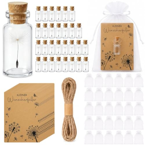 Herbst 30er Set Wunscherfüller Glücksbringer, Pusteblumen im Glas | mit Wunschkarten Organzabeutel Hanfseil für Kleine Dankeschön Geschenke Abschiedsgeschenke Gastgeschenke zu Hochzeit/Taufe