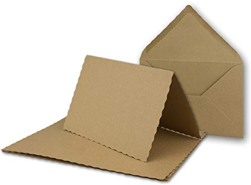 50x Faltkarten-Set DIN A6 mit DIN C6 Brief-Umschlägen - wellig gestanzter Rand - Sandbraun (Kraftpapier) - 10,5 x 14,8 cm - Wellenschnitt Karten-Sets - FarbenFroh by GUSTAV NEUSER