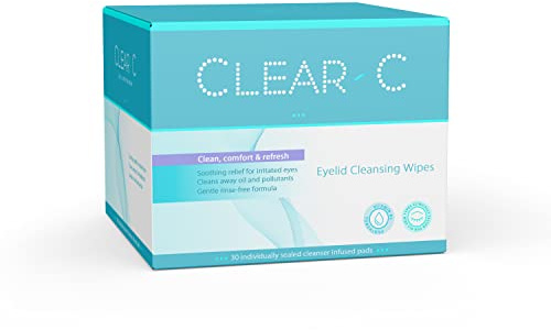 Clear C Premium No Rinse Non Irritating Eyelid Wipes 30 count - Pre-moistened Pads for Dry Eyes, Red Eyes, Daily Use. Box of 30 Individually Wrapped Wipes