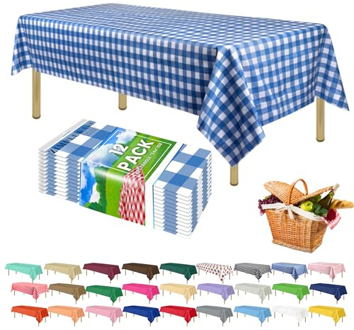 Zimpleware Kunststoff-Tischdecken für rechteckige Tische (137,2 x 274,3 cm), Party-Tischdecken, Einweg für rechteckige Tische von 1,8 m bis 2,4 m, Blau, 12 Stück | Rechteckige Gingham-Kunststoff-Tischdecken, Einweg-Tischdecken, farbecht und reißfest, Tischdecke für Party, Veranstaltung