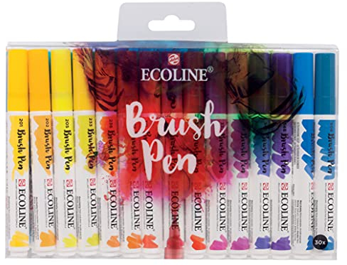 Ecoline Brush Pen-Set mit 30 flüssigen Aquarellstiften – Grundtöne | Mischbare Pinselstifte für Handlettering, Zeichnen und Basteln